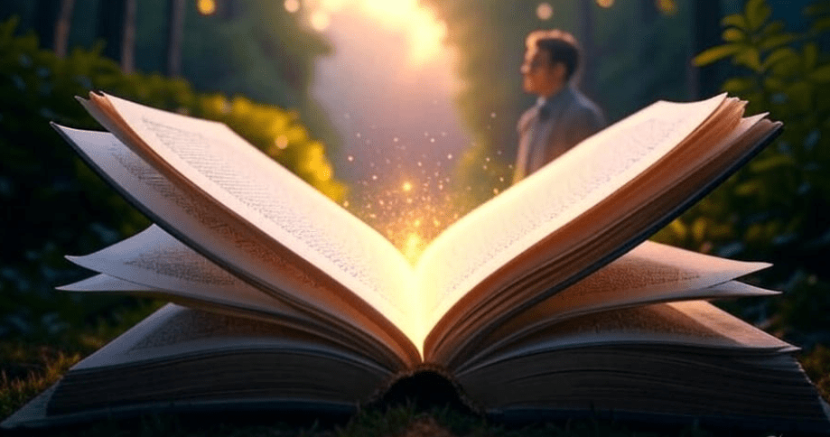 An open book with radiant light symbolizing knowledge and enlightenment, set against a lush forest background. In the distance, a person stands at the start of a path, looking ahead, representing personal growth and courage in the journey ahead, captured