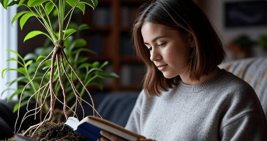 A person reading a book in front of a thriving plant with visible roots and branches, symbolizing how knowledge nurtures personal growth and fosters new opportunities and understanding, captured