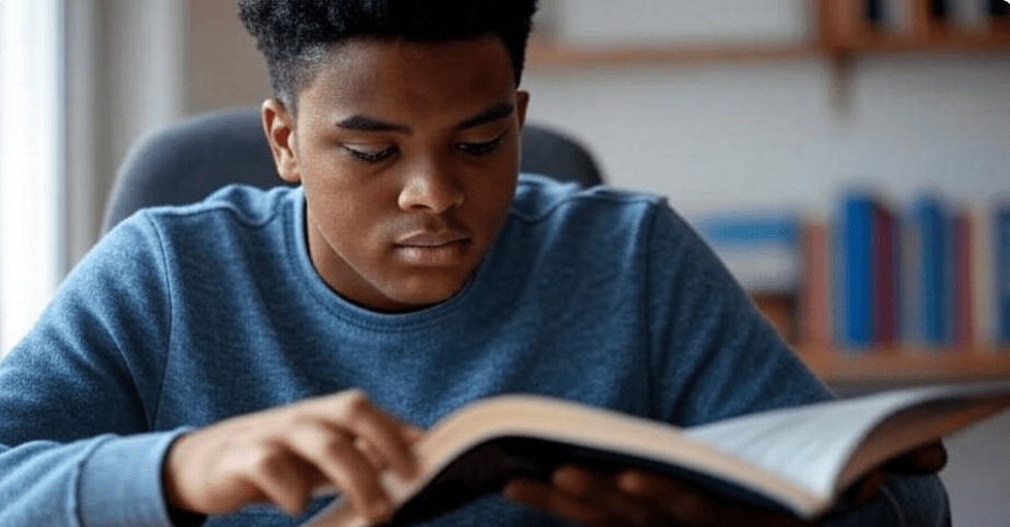 A person reading a book intently, symbolizing the pursuit of knowledge, set against a backdrop of bookshelves, representing the first step in a journey of learning, courage, and eventual success