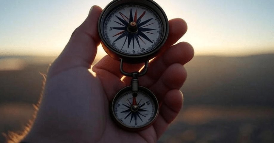 A hand holding a compass pointing towards a bright and clear future, symbolizing direction and guidance, with a scenic backdrop representing the application of knowledge and courage in personal development