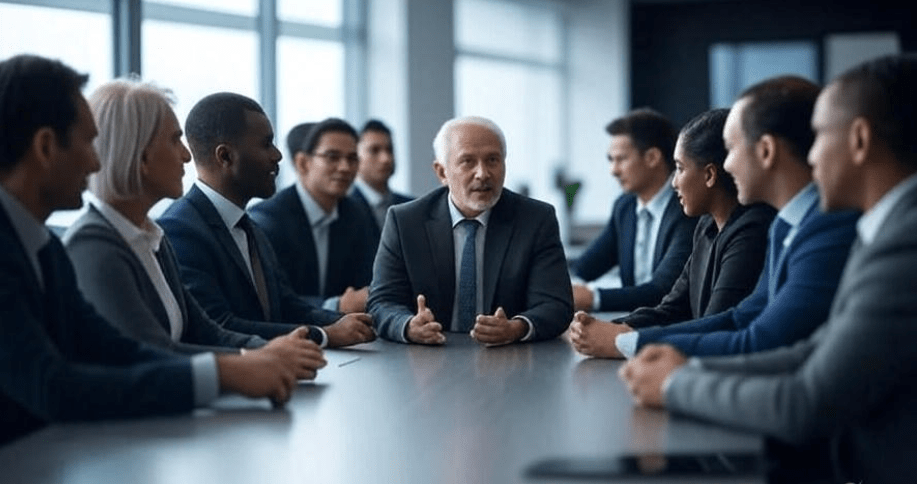 Diverse business leaders in a modern conference room discussing strategies with a focus on transparency and leadership, reflecting a professional and global World Economic Forum-like atmosphere, with a city skyline view through large windows