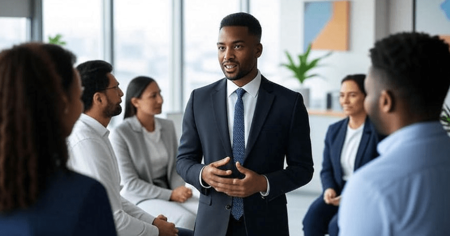 Business leader delivering an open and honest presentation to an engaged team in a modern office, emphasizing transparency by addressing challenges openly, with a professional yet welcoming environment