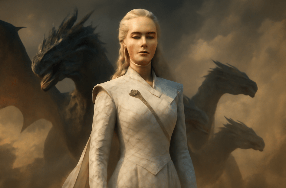 A powerful fantasy scene featuring a woman in an elegant white dress with a dragon brooch, standing confidently with three majestic dragons looming in the background against a dramatic cloudy sky. 