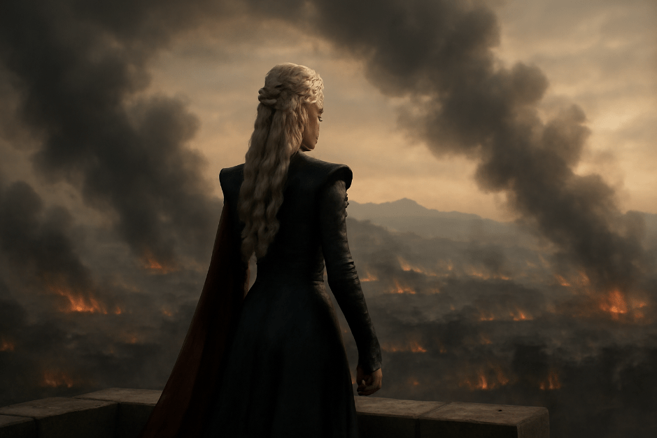 Daenerys Targaryen standing on a high stone platform, gazing into the war-torn landscape. Smoke rises from distant fires, symbolizing the resilience and strength of the character amidst the chaos and destruction 