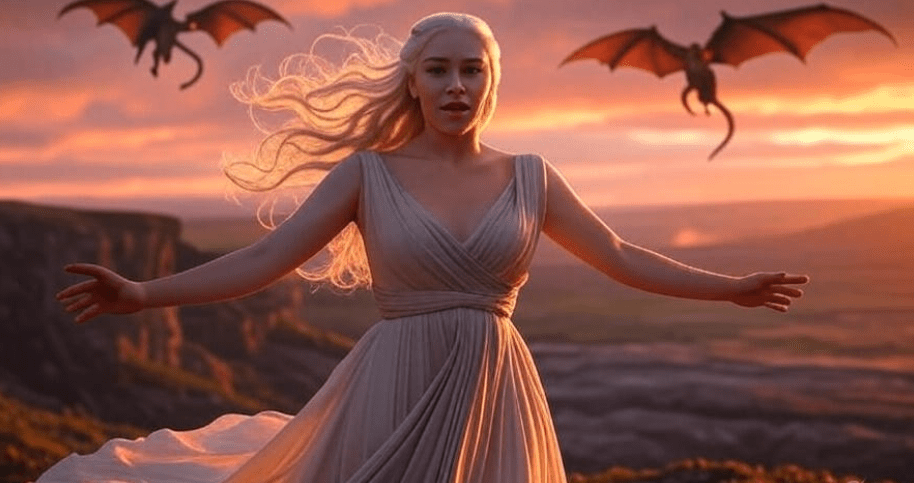 Daenerys Targaryen standing triumphantly against a stunning sunset sky, with dragons soaring in the background, symbolizing the peak of her leadership journey and the inspiration she offers, her victorious posture radiating determination and strength. 