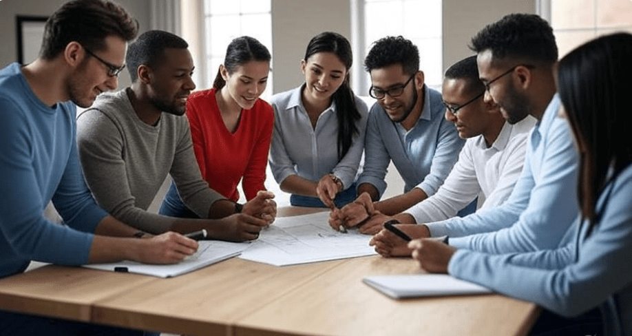 Diverse group of individuals from various races, genders, and professions collaborating at a table on a community project, symbolizing unity, trust, and cooperation in real life, captured in a vibrant 