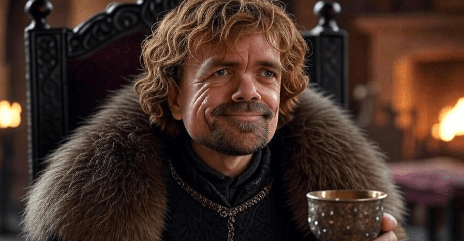 Portrait of Tyrion Lannister holding a goblet, sitting confidently in a medieval chair, smiling with intelligence and wit, embodying self-assurance in his unique skills