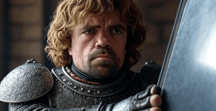 Portrait of Tyrion Lannister staring into a reflective surface in armor, symbolizing self-acceptance and resilience, with a determined and self-empowered expression