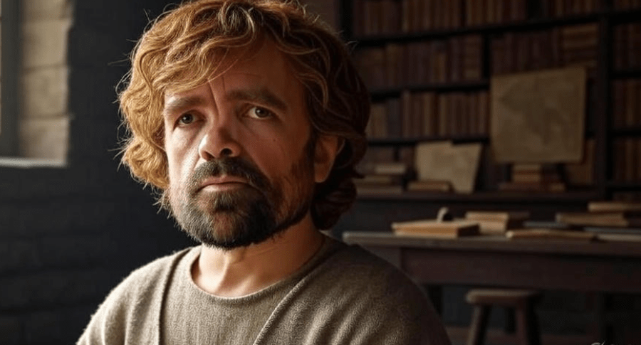 Portrait of Tyrion Lannister in a reflective moment, surrounded by books and maps symbolizing wisdom and experience, exuding calmness and an understanding of his true identity,