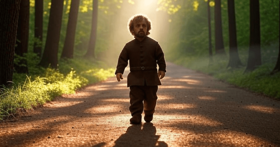 Symbolic image of Tyrion Lannister walking a path through a forest, with sunlight and shadows symbolizing personal growth, resilience, and navigating challenges,