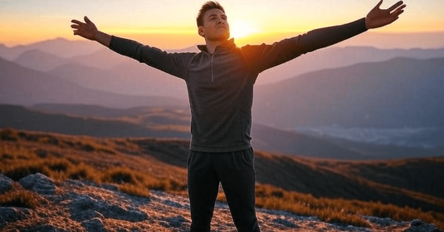A person standing on a mountain ridge with arms outstretched, embracing a vibrant sunrise over layered mountain ranges, showcasing a serene and inspiring outdoor landscape. 