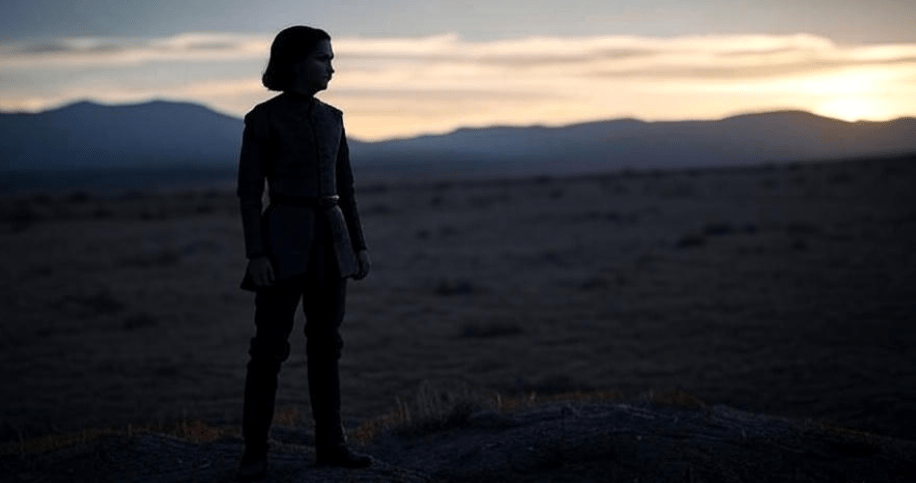 Silhouette of Arya Stark as a strong woman standing alone in an expansive barren landscape with distant mountains, symbolizing her journey toward self-reliance, confident posture facing the horizon with a determined look, evoking independence and resilience,