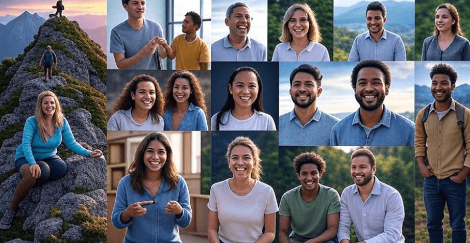 Collage of diverse individuals (various ages, genders, and ethnicities) overcoming challenges like mountain climbing, starting new careers, and achieving personal goals, each exuding empowerment and inspired by Arya Stark’s teachings on independence and resilience
