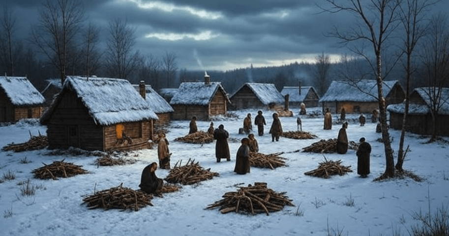Cold snowy winter landscape with a rustic village surrounded by bare trees under a dark cloudy sky, featuring smoke rising from chimneys and people gathering firewood, evoking a historically ancient atmosphere of survival and preparation