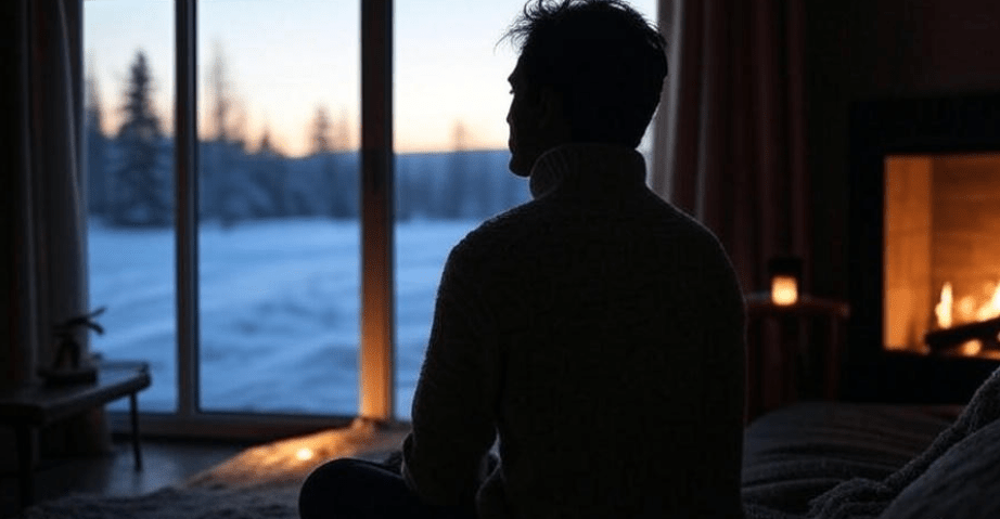 Silhouette of a person sitting in a cozy room, gazing out a window at a snow-covered landscape, evoking solitude, contemplation, and mild anxiety amid an uncertain future.