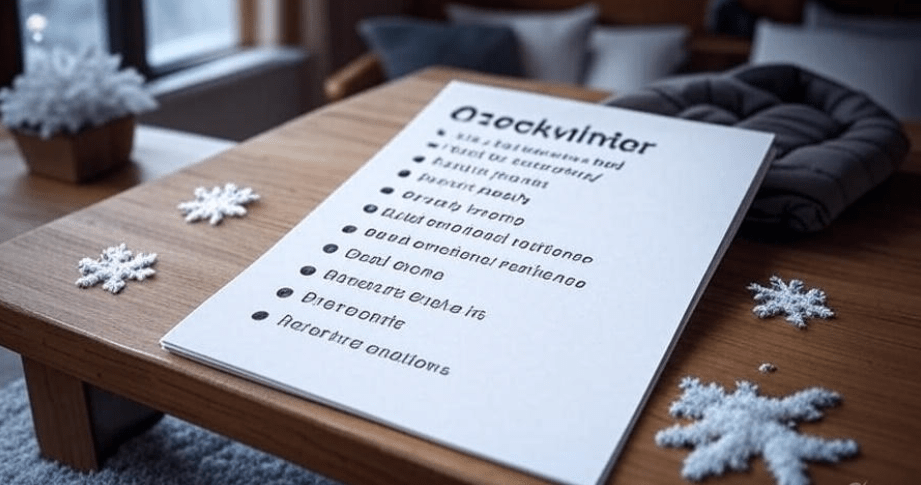 Checklist roadmap on a wooden table with bullet points including 'Save for emergency fund,' 'Prioritize health,' 'Diversify income,' and 'Build emotional resilience,' surrounded by subtle winter elements like snowflakes and a winter coat, symbolizing preparedness