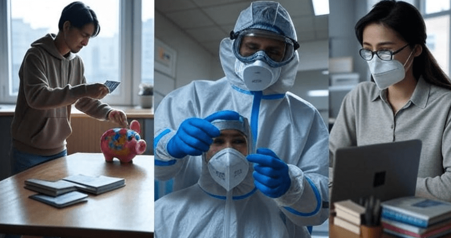 Collage of three images representing real-world preparation: a person placing money in a piggy bank for financial security, a healthcare worker in protective gear in a hospital for health preparedness, and a person studying at home with books and a laptop for professional growth