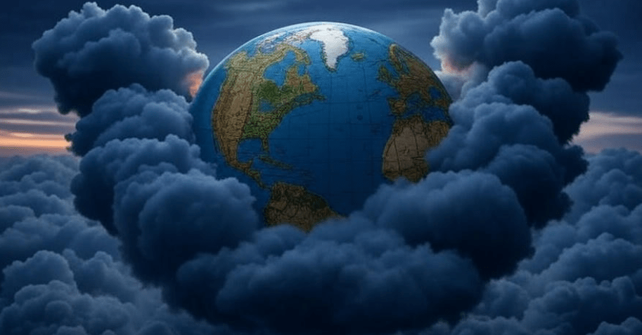Globe with storm clouds gathering above, symbolizing global uncertainty and challenges like climate change, economic instability, and political unrest, featuring an ominous yet prepared appearance with visible infrastructure and emergency supplies