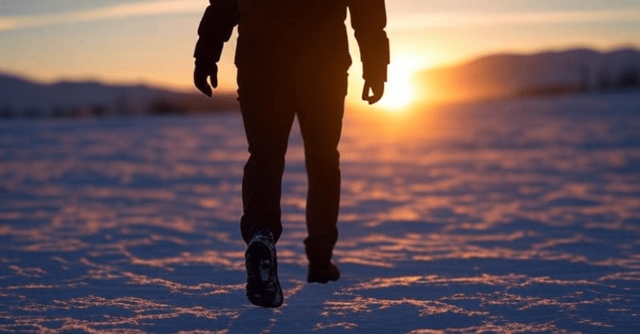 Silhouette of a person walking toward a sunrise in a snowy landscape, symbolizing hope, resilience, and readiness to face challenges with optimism and confidence