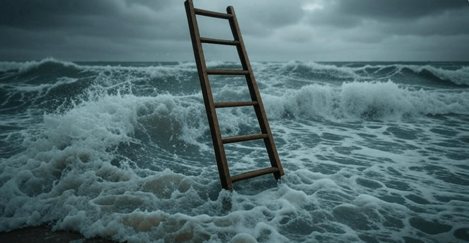 "Ladder standing in a turbulent storm over a rough sea, symbolizing rising through chaos and uncertainty, with dark clouds and intense winds