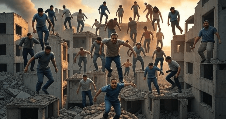 Scene of broken power structures with people emerging and climbing over crumbling buildings, symbolizing the rise of new leaders in chaotic times