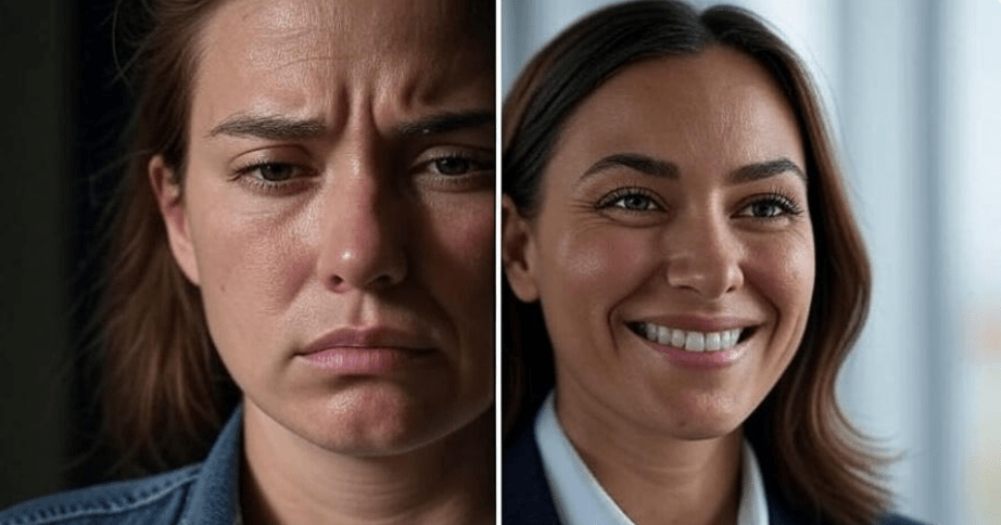 Split image showing a person facing a personal crisis like job loss or breakup on one side, and the same person rising to a new career or success on the other, symbolizing growth through chaos