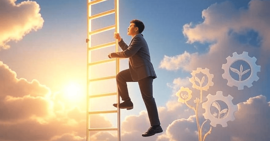 Person climbing a bright ladder into a hopeful future, surrounded by symbols of innovation, growth, and resilience, with a contrast between uncertainty at the bottom and clarity at the top