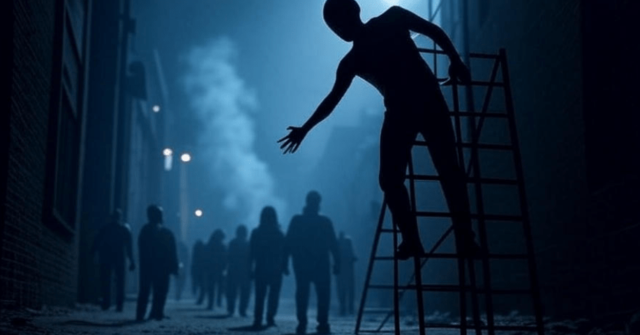 Silhouette of a dark figure climbing a ladder amidst chaos in a foggy street, casting a large shadow over smaller figures below, symbolizing unethical power dynamics and exploitation during times of uncertainty