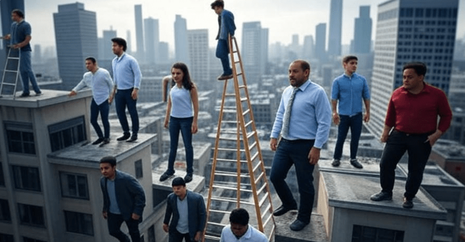 Modern cityscape with people climbing ladders or standing on top of chaotic events like a financial crash or political unrest, symbolizing success in modern disruptions