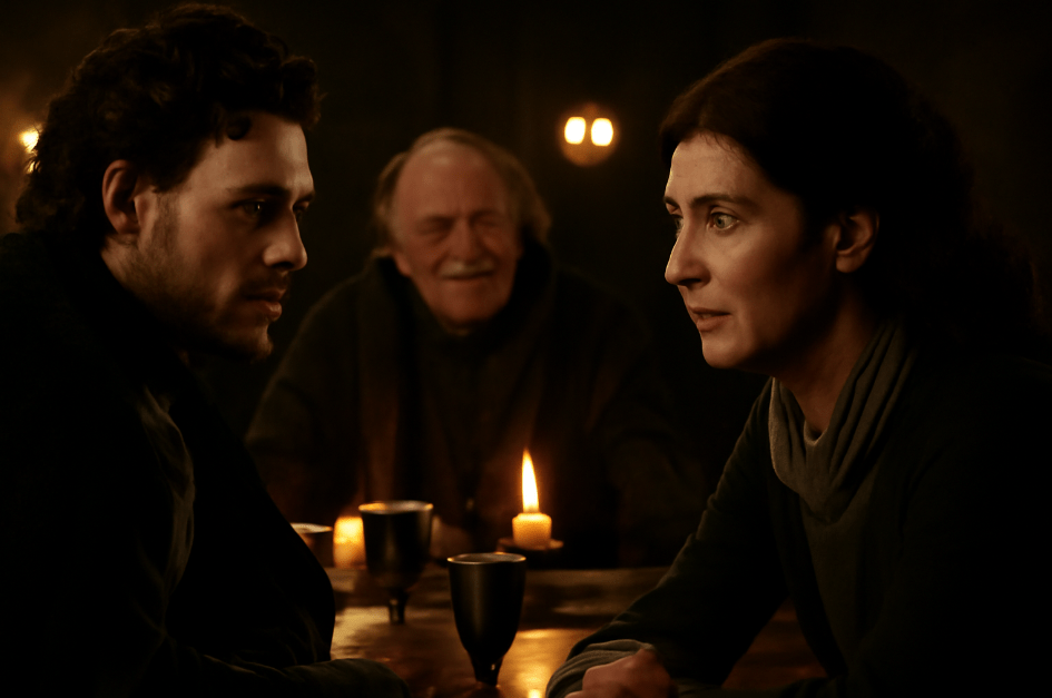 Robb Stark and Catelyn Stark engaged in a tense conversation with Lord Walder Frey in the background during the Red Wedding scene. The dimly lit room and shadows highlight the growing mistrust and impending betrayal in Game of Thrones.