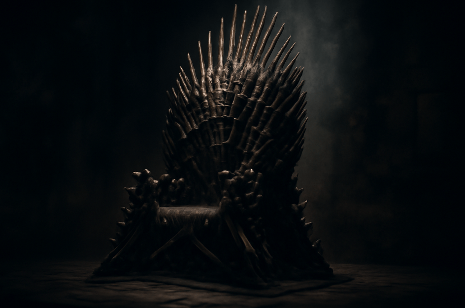 Dramatic image of the Iron Throne made from jagged swords in a dark, moody chamber, symbolizing the dangerous pursuit of power and leadership in Game of Thrones.