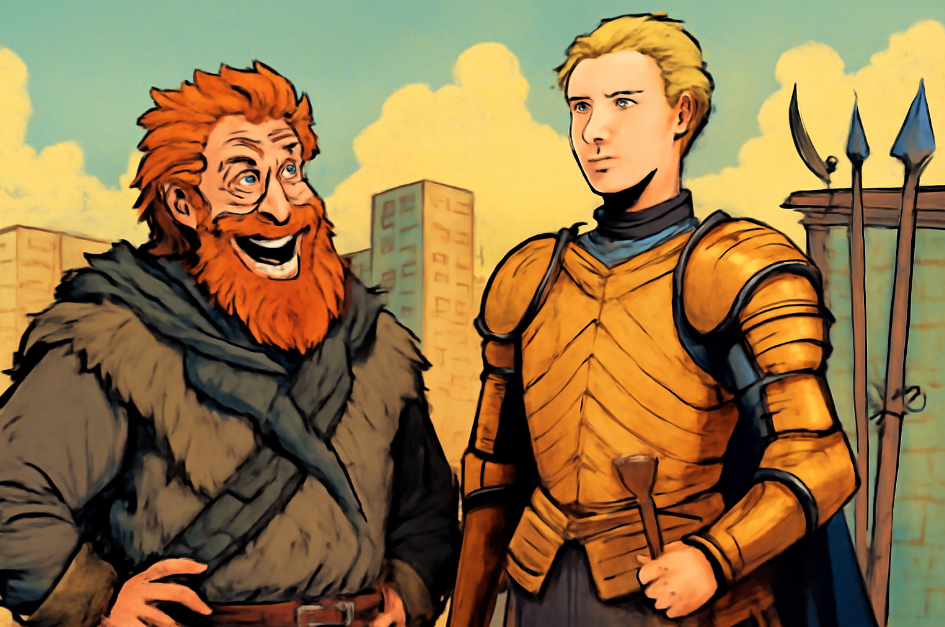 Two characters stand together in an illustrated scene: a jovial, red-bearded man in fur clothing and a serious, blonde knight in golden armor. The background features a bright blue sky with a few clouds and medieval weaponry like spears. The image conveys a sense of camaraderie and adventure.