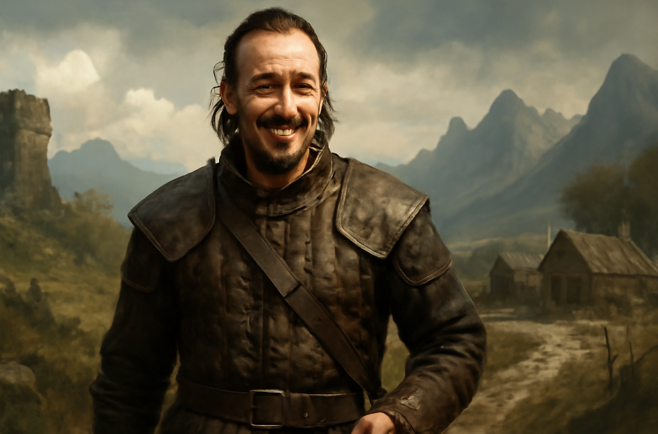 Rugged medieval mercenary with a sharp grin, wearing worn leather armor, standing confidently in a scenic fantasy landscape with misty mountains and a small village in the background.