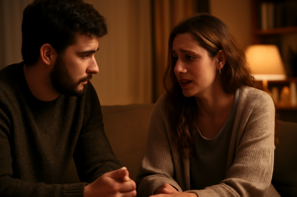 Intimate conversation between a young couple in a cozy living room, with soft lighting creating a warm, emotional atmosphere. One person listens attentively while the other expresses vulnerability, highlighting deep emotional connection and empathy.