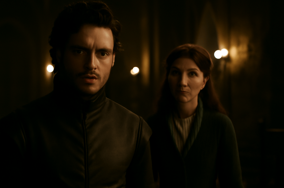 Robb Stark looking uneasy and conflicted in a dimly lit hall, with Catelyn Stark in the background showing concern. The tense atmosphere highlights a pivotal moment of trust in Game of Thrones."
