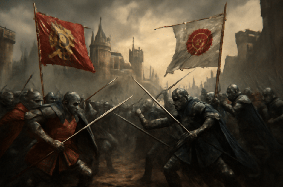 Medieval battle scene inspired by the Wars of the Roses, with two rival houses clashing under turbulent skies, featuring banners raised and swords drawn in front of towering castles.
