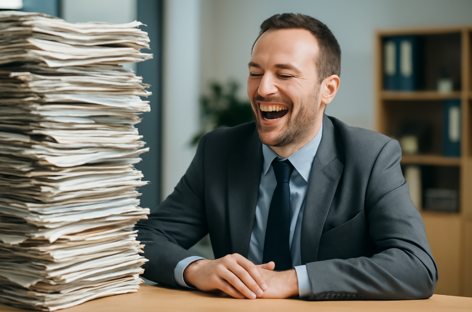 Professional man in his 30s laughing at a mountain of paperwork in a modern office, finding humor in the chaotic situation while remaining calm and relaxed."