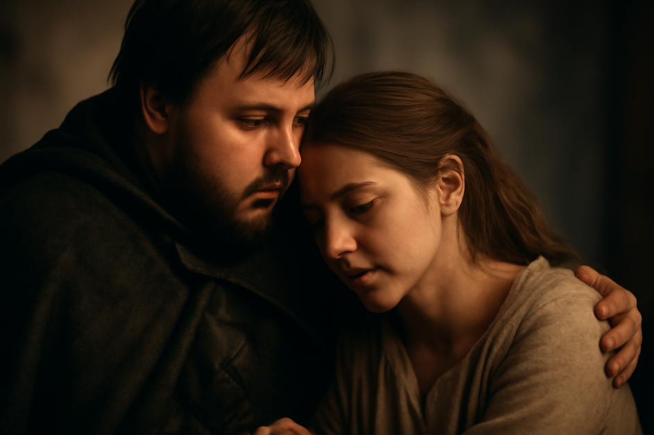 Samwell Tarly and Gilly from Game of Thrones share a tender, emotional moment. Sam, wearing a dark cloak, gently rests his hand on Gilly’s arm as she leans on him, showing vulnerability and trust. The soft, warm lighting and muted background highlight their emotional connection and bond.