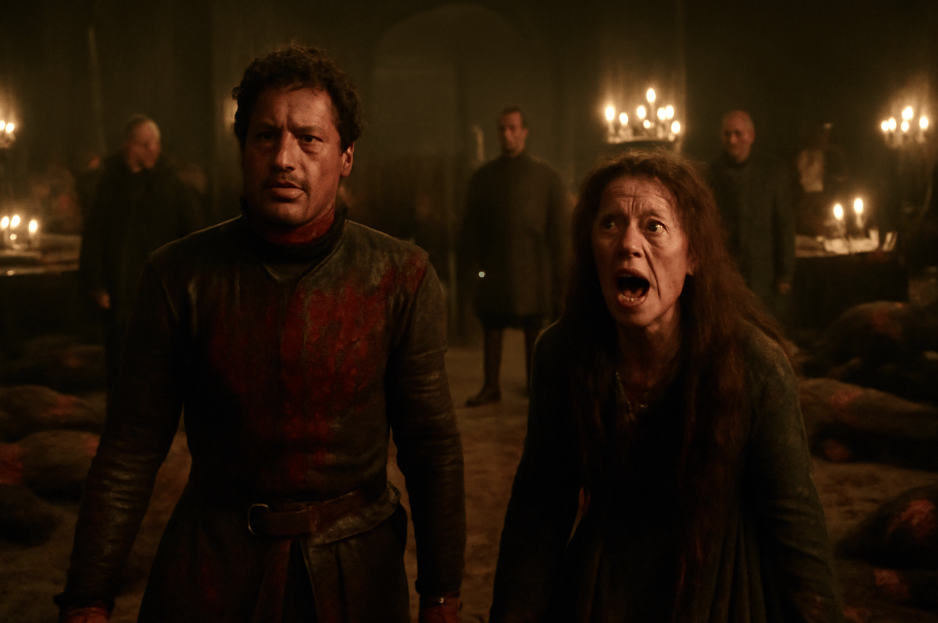 Robb Stark and Catelyn Stark covered in blood, standing amidst the chaos of the Red Wedding massacre. The hall is filled with destruction, with emotionless Freys and Boltons in the background, witnessing the tragic aftermath