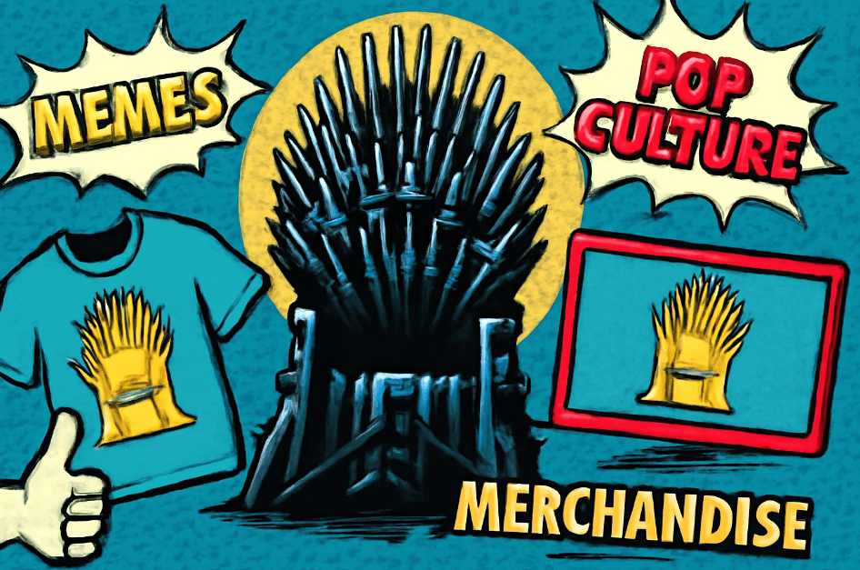 Pop art-inspired illustration of the Iron Throne surrounded by pop culture references, including merchandise, memes, and entertainment, highlighting its iconic status."