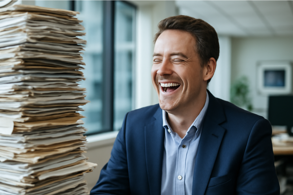Middle-aged man in a navy suit laughing at a towering pile of paperwork in a modern office, finding humor in the chaotic situation with a relaxed expression."
