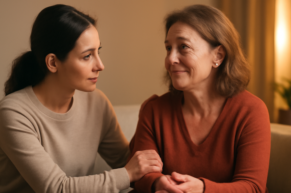 Two women sharing a heartfelt moment on a cozy couch, one offering emotional support with a gentle touch while the other expresses gratitude. The soft lighting and warm colors create an intimate atmosphere, highlighting their connection and understanding." 