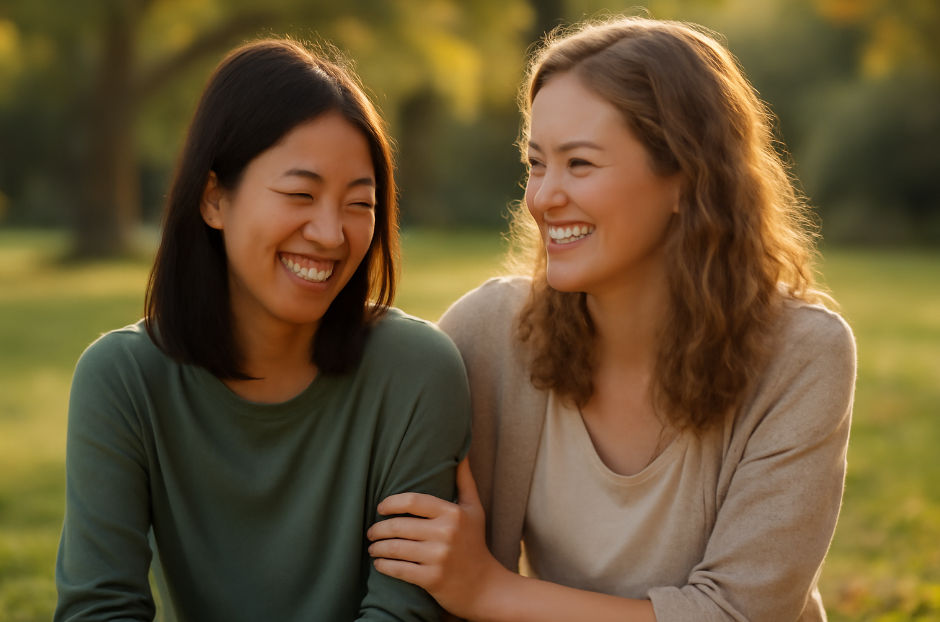 Two young women sitting together in a sunlit park, sharing a joyful laugh. One woman, in a green sweater, smiles with her eyes closed, while the other, in a beige sweater, beams with a wide smile. The warm, golden lighting highlights their genuine connection and happiness." a sunlit park, sharing a joyful laugh. One woman, in a green sweater, smiles with her eyes closed, while the other, in a beige sweater, beams with a wide smile. The warm, golden lighting highlights their genuine connection and happiness." 