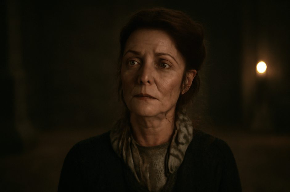Catelyn Stark standing alone in the aftermath of the Red Wedding, her face a mix of grief and determination. The dimly lit background emphasizes her isolation and emotional weight after the chaos in Game of Thrones." 