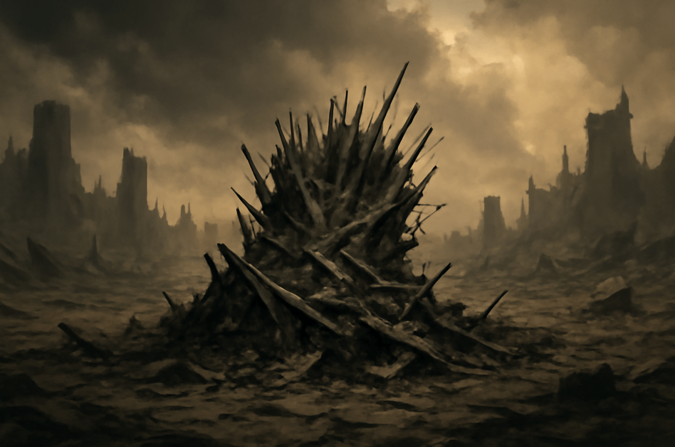 The destroyed Iron Throne amidst a desolate, crumbling landscape, symbolizing the end of a power-driven era in Westeros, with broken remnants scattered across the barren ground.