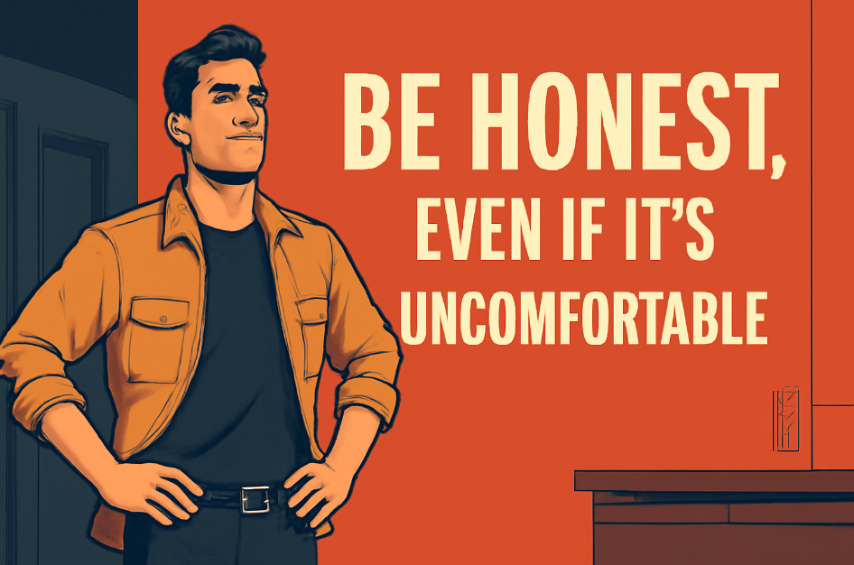 Motivational digital illustration of a confident person standing in front of a bold orange background, with the quote 'Be Honest, Even If It’s Uncomfortable' displayed in large text, inspired by The Hound’s raw humor."