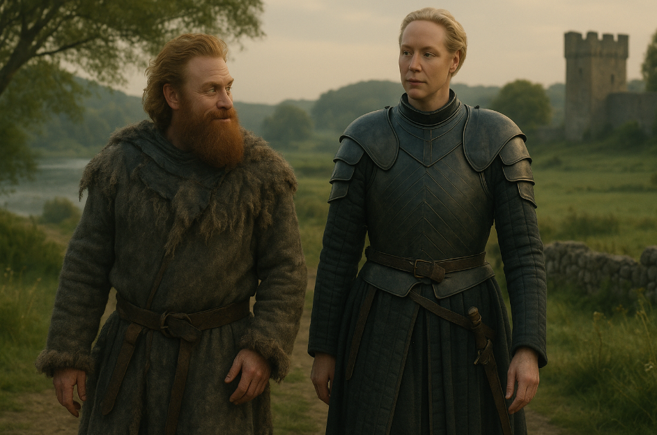 Tormund Giantsbane and Brienne of Tarth walking side by side through a peaceful medieval landscape. Tormund gazes at Brienne with admiration, while Brienne looks ahead with calm strength. The setting includes a lush green field, a distant stone castle, and soft golden lighting, capturing the mutual respect and subtle connection between the characters.