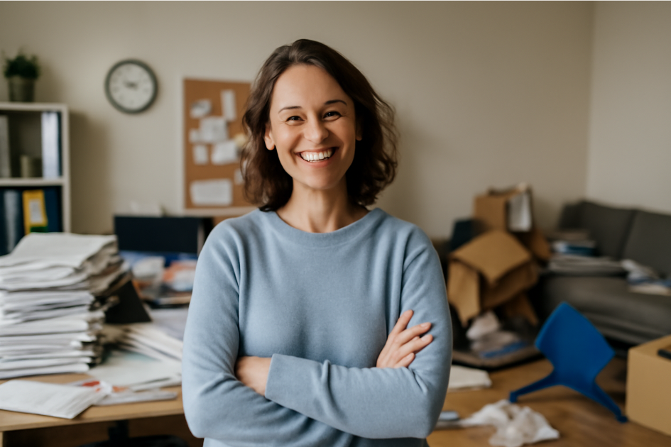 Caucasian woman in her 30s standing confidently in a messy office, smiling with arms crossed, showing resilience and humor in the face of a chaotic environment