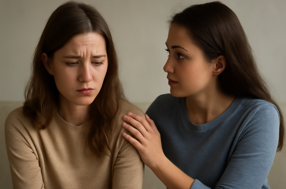 Two young women having a heartfelt but slightly tense conversation. One woman, in a beige sweater, looks troubled while the other, in a blue-gray shirt, offers emotional support with a reassuring hand on her shoulder. The soft, neutral-colored background enhances the intimate and vulnerable moment between them."