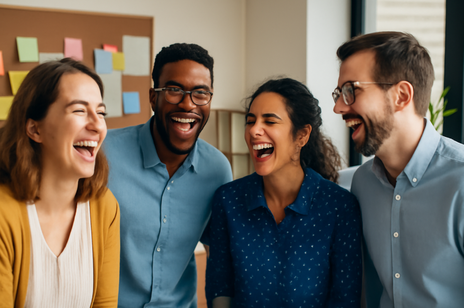 Four ethnically diverse colleagues laughing together in a bright, cozy office, showing camaraderie and connection through humor in a casual, welcoming setting." 
